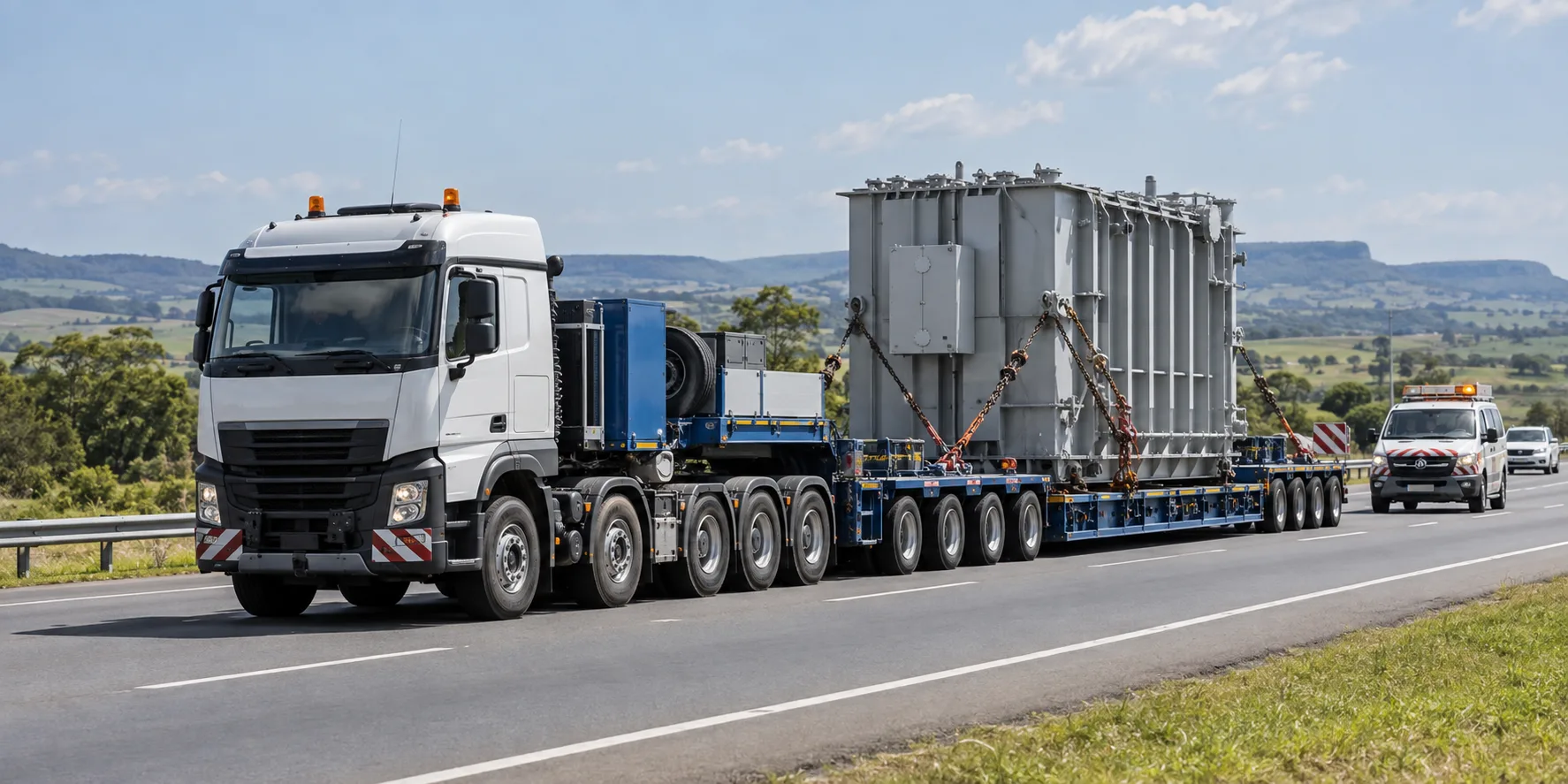Caminhão transportando uma carga industrial indivisível em uma rodovia