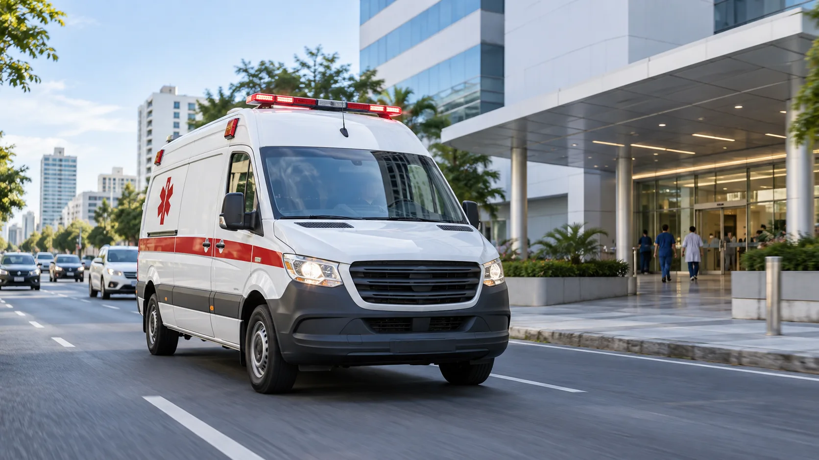Ambulância circulando em frente a um hospital
