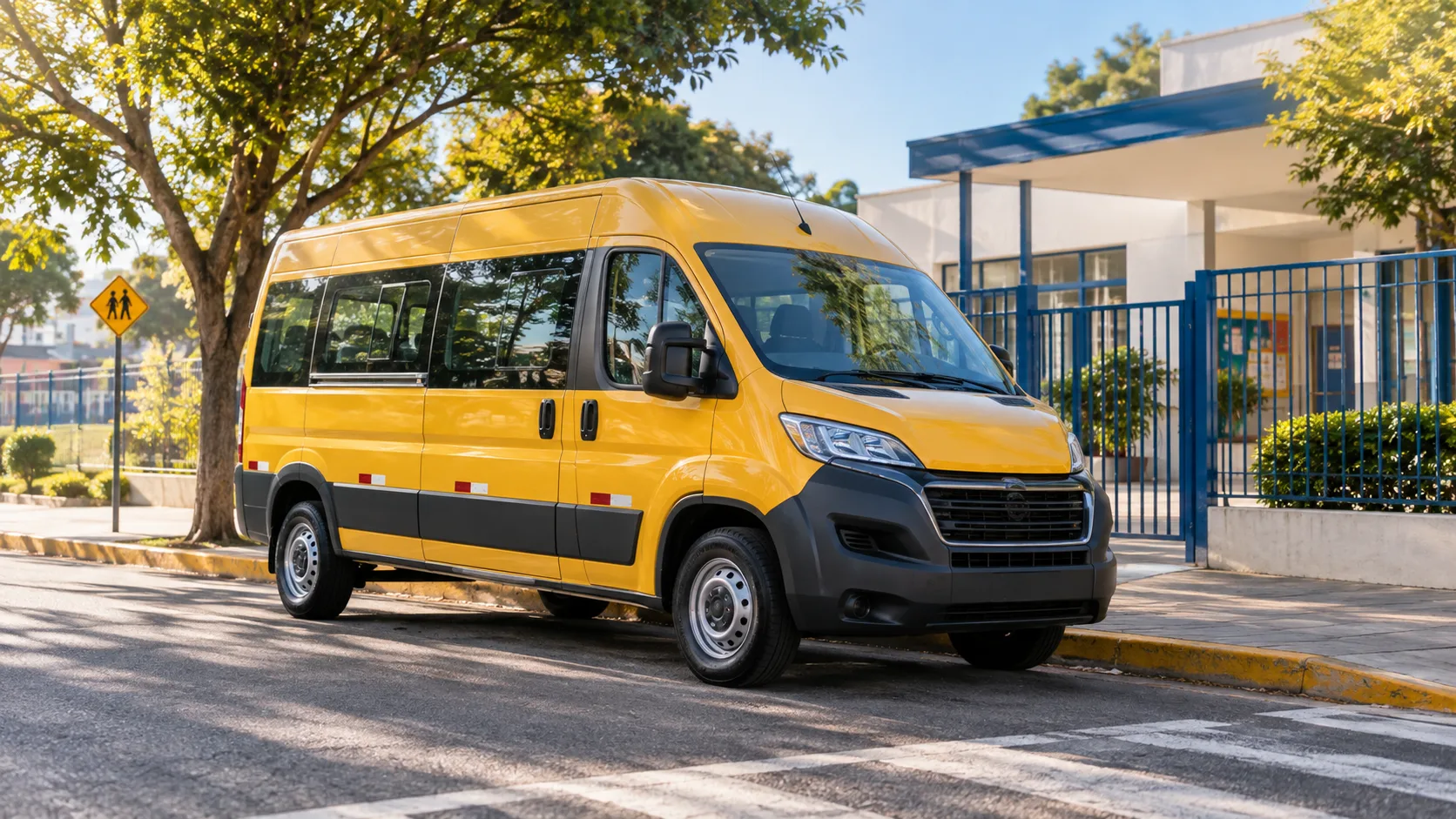 Van amarela de transporte escolar estacionada com segurança em frente a uma escola